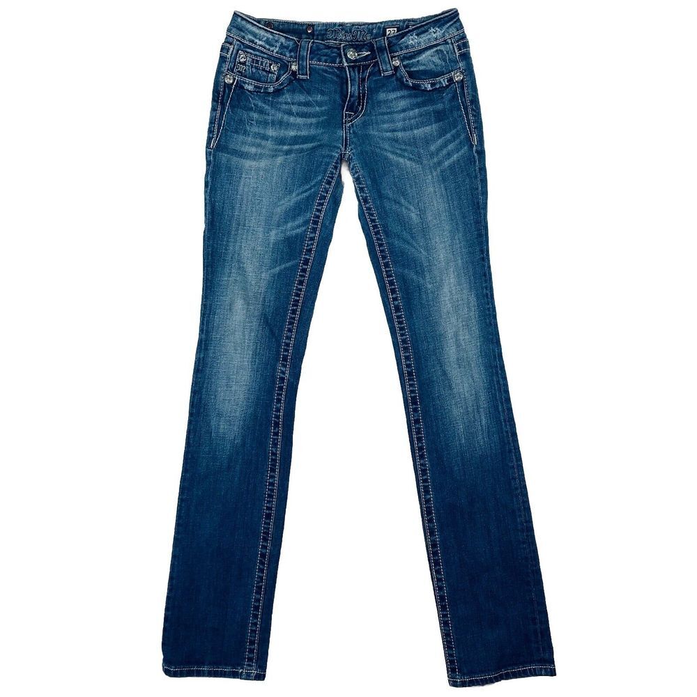 Miss Me Straight Jeans Women's Medium Wash Low Rise Blue Size 27